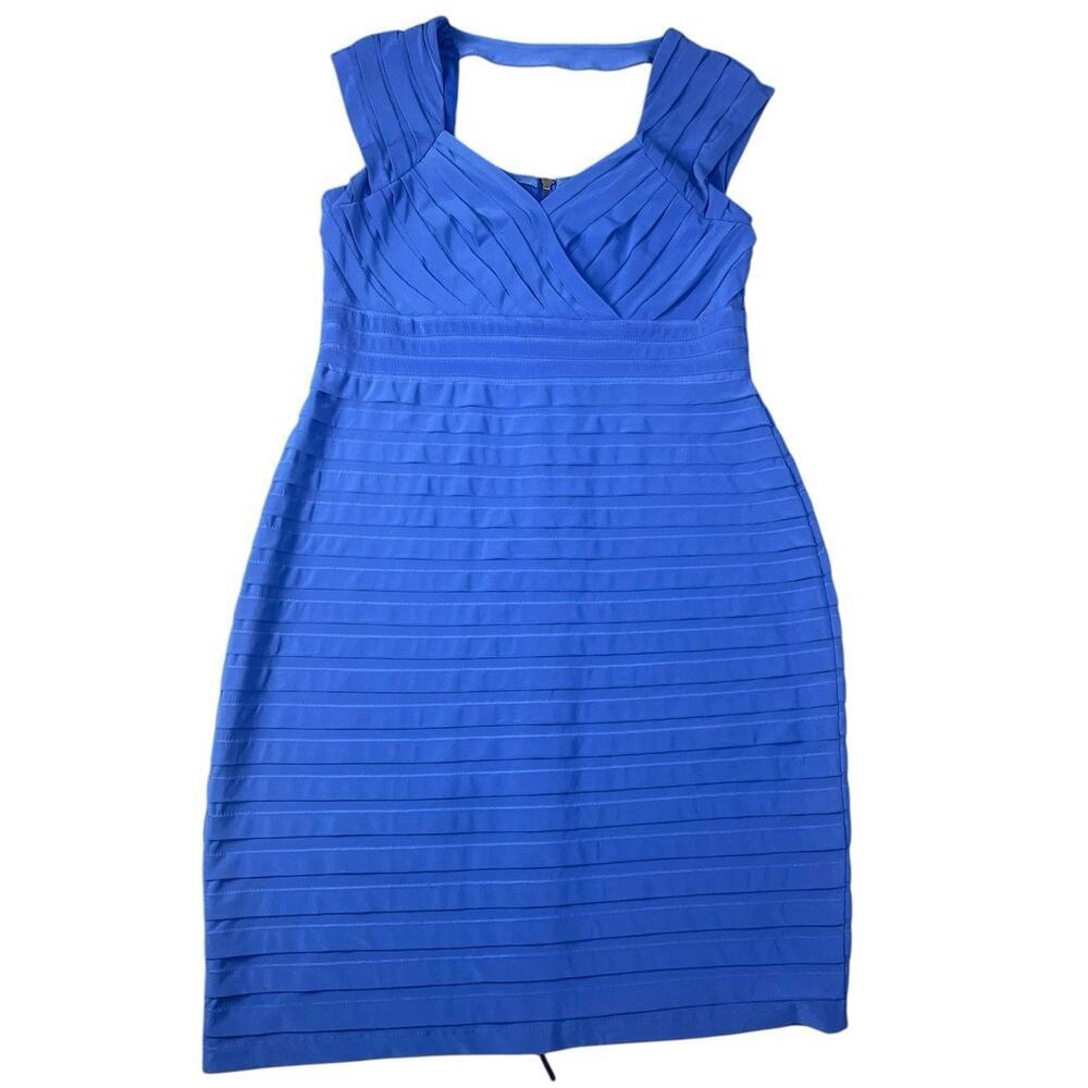 Adrianna Papell Women’s V-Neck Royal Blue Shutter Pleat Wrap Midi Dress Size-14